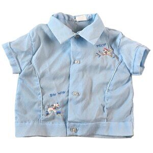 Vintage Baby Shirt Blue Meow Bow Wow Embroidered Kitten Dog Nylon 1950s 1960s NB